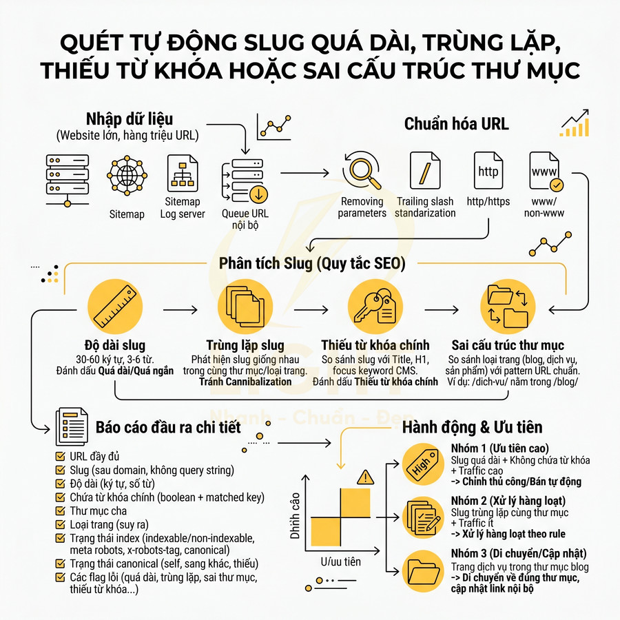 Infographic quy trình quét và phân tích slug URL tự động để tối ưu SEO, phát hiện slug dài, trùng lặp, thiếu từ khóa