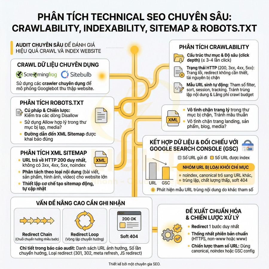 Infographic phân tích technical SEO chuyên sâu về crawlability, indexability, sitemap và robots.txt
