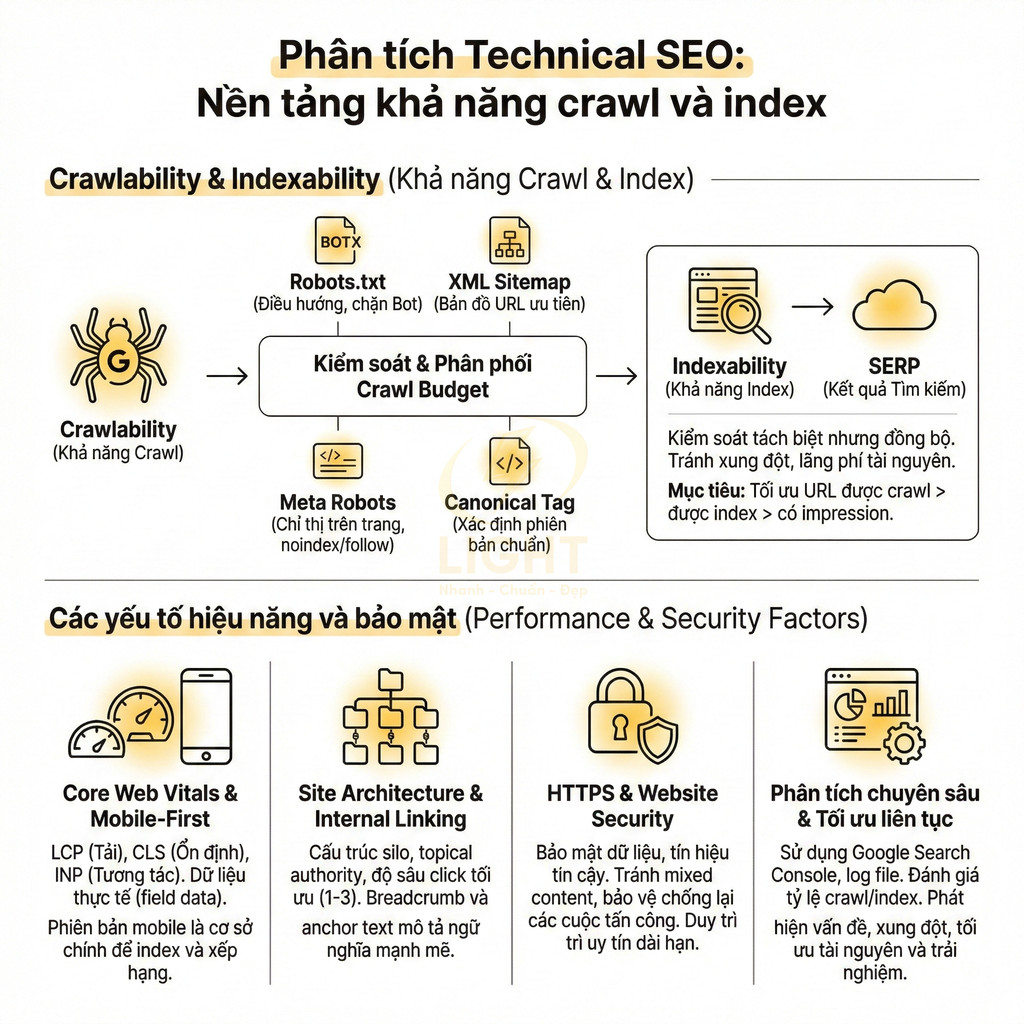 Infographic phân tích Technical SEO về crawlability, indexability và các yếu tố hiệu năng bảo mật website