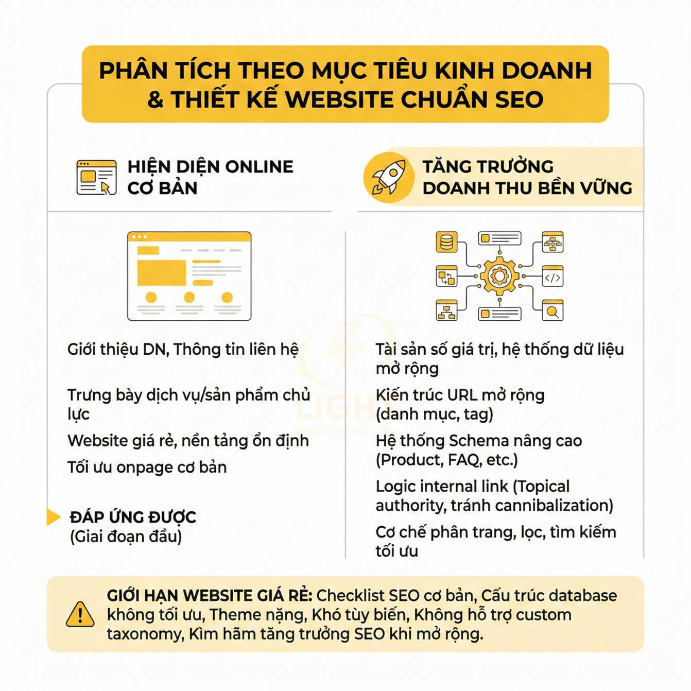 Thiết kế website chuẩn SEO phân tích mục tiêu kinh doanh, so sánh hiện diện online cơ bản và tăng trưởng doanh thu bền vững