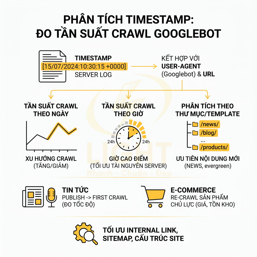 Infographic phân tích timestamp đo tần suất crawl Googlebot theo ngày giờ thư mục và tối ưu internal link sitemap site