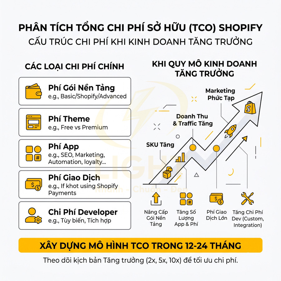 Infographic phân tích tổng chi phí sở hữu TCO khi kinh doanh trên nền tảng Shopify