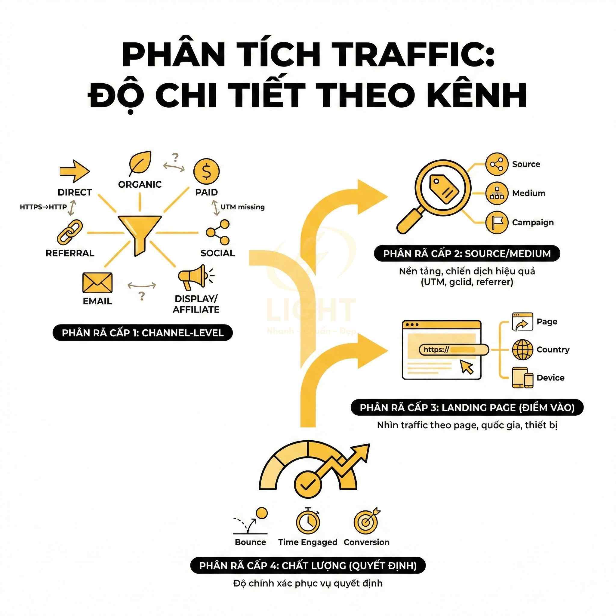 Sơ đồ phân tích traffic website theo kênh, nguồn, landing page và chất lượng chuyển đổi