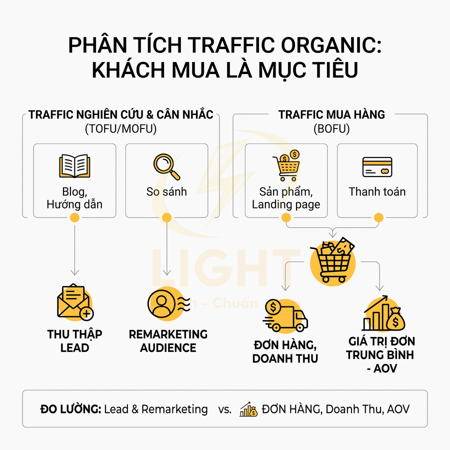 Sơ đồ phân tích traffic organic theo hành trình khách hàng từ nghiên cứu đến mua hàng và đo lường hiệu quả