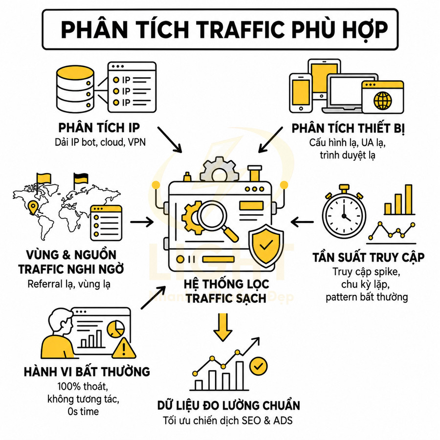 Mô hình hệ thống lọc traffic sạch phân tích IP, thiết bị, vùng truy cập và hành vi để tối ưu dữ liệu SEO ADS