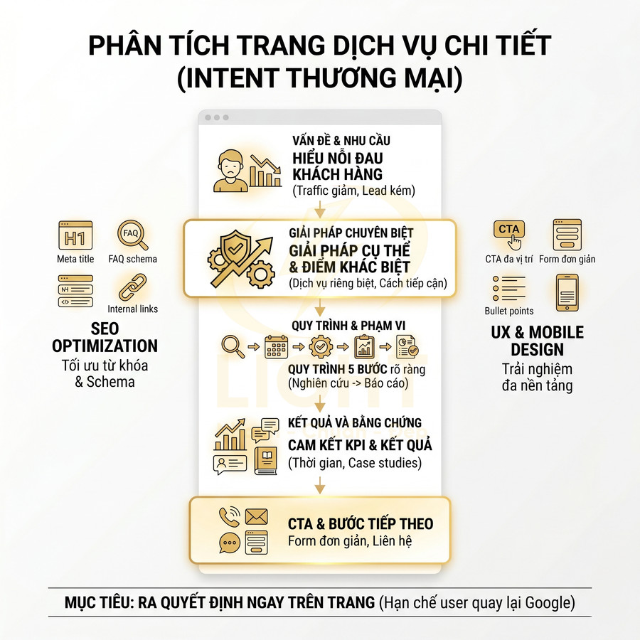 Mô hình phân tích trang dịch vụ chi tiết với các bước tối ưu SEO, UX và CTA để tăng chuyển đổi
