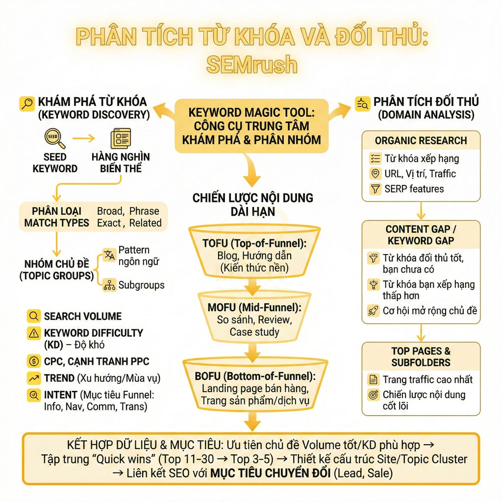 Sơ đồ quy trình phân tích từ khóa và đối thủ bằng công cụ SEO SEMrush, tối ưu chiến lược nội dung dài hạn