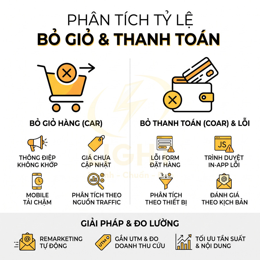 Infographic phân tích tỷ lệ bỏ giỏ hàng và bỏ thanh toán trong ecommerce cùng các nguyên nhân và giải pháp đo lường