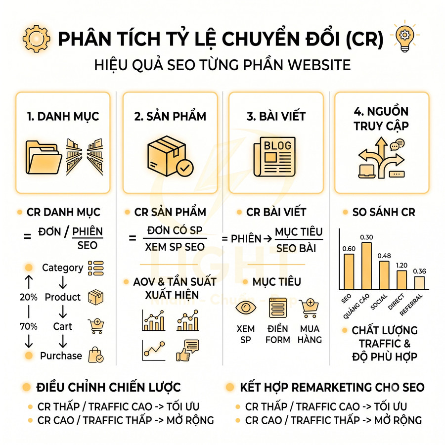 Infographic phân tích tỷ lệ chuyển đổi CR và hiệu quả SEO cho danh mục sản phẩm, bài viết và nguồn truy cập