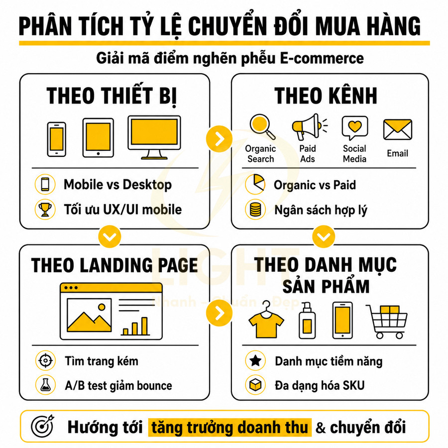 Infographic phân tích tỷ lệ chuyển đổi mua hàng theo thiết bị, kênh, landing page và danh mục sản phẩm trong E-commerce