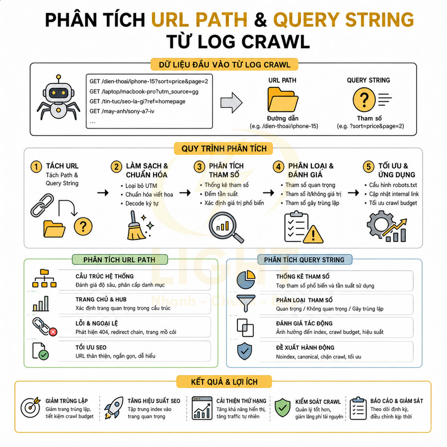Infographic quy trình phân tích URL path và query string từ log crawl để tối ưu SEO và kiểm soát crawl budget