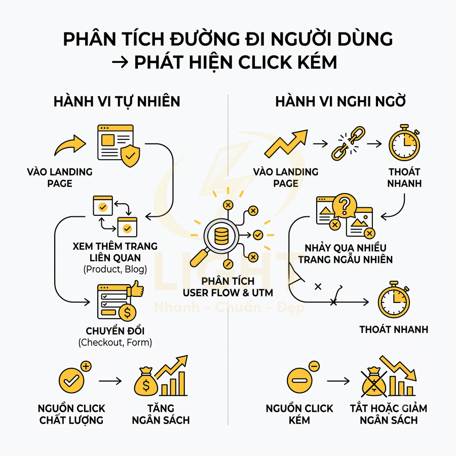 Sơ đồ phân tích hành vi người dùng trên landing page để phát hiện nguồn click chất lượng và click kém