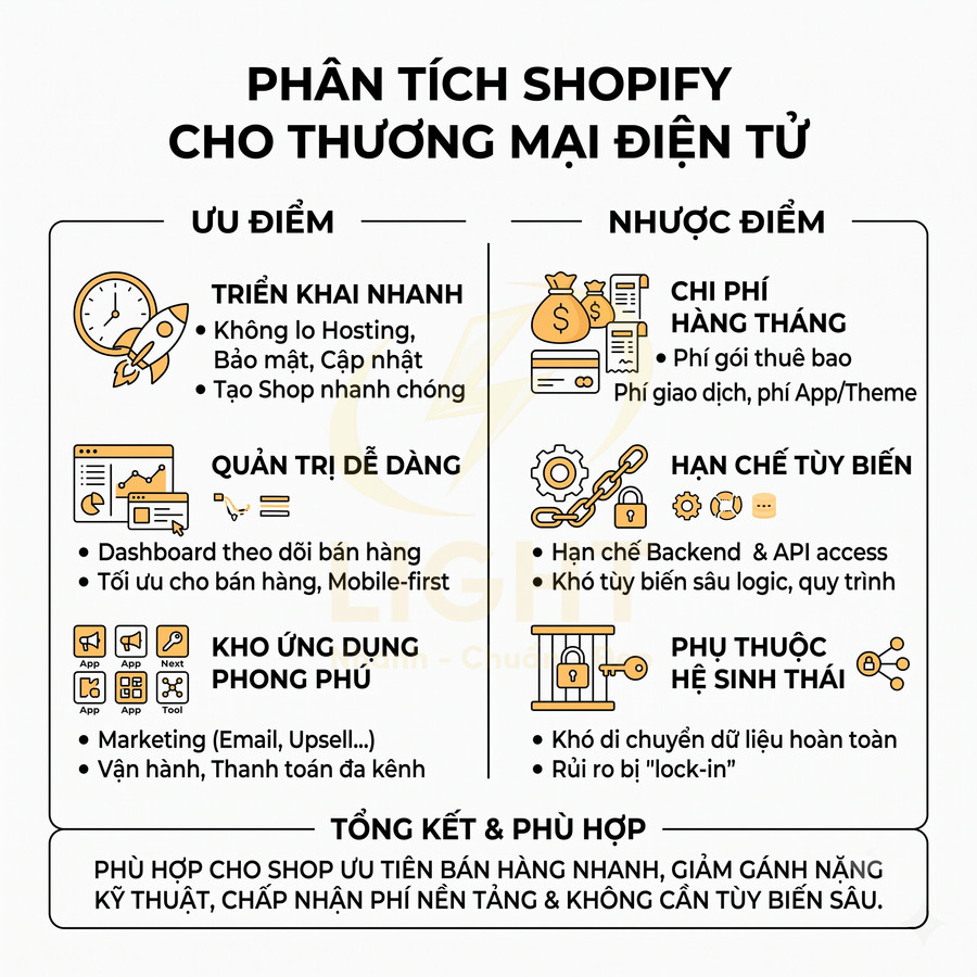 Phân tích ưu nhược điểm Shopify cho thương mại điện tử, tập trung triển khai nhanh, quản trị dễ và chi phí hàng tháng