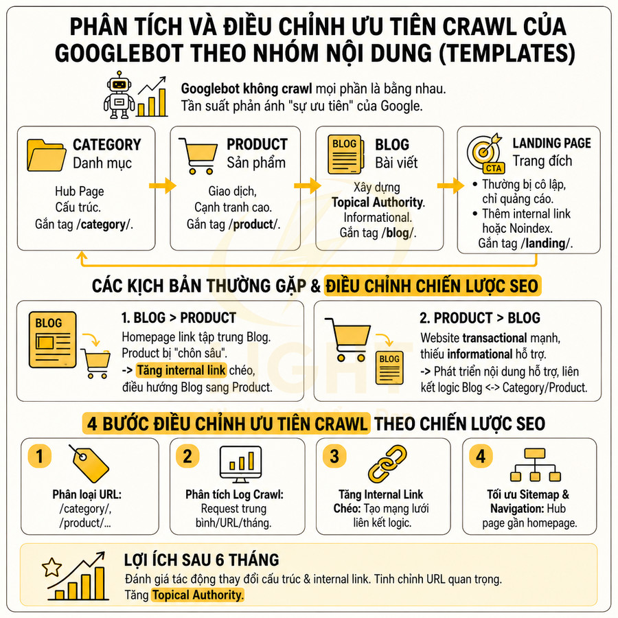 Infographic phân tích ưu tiên crawl Googlebot theo nhóm nội dung và hướng dẫn điều chỉnh chiến lược SEO
