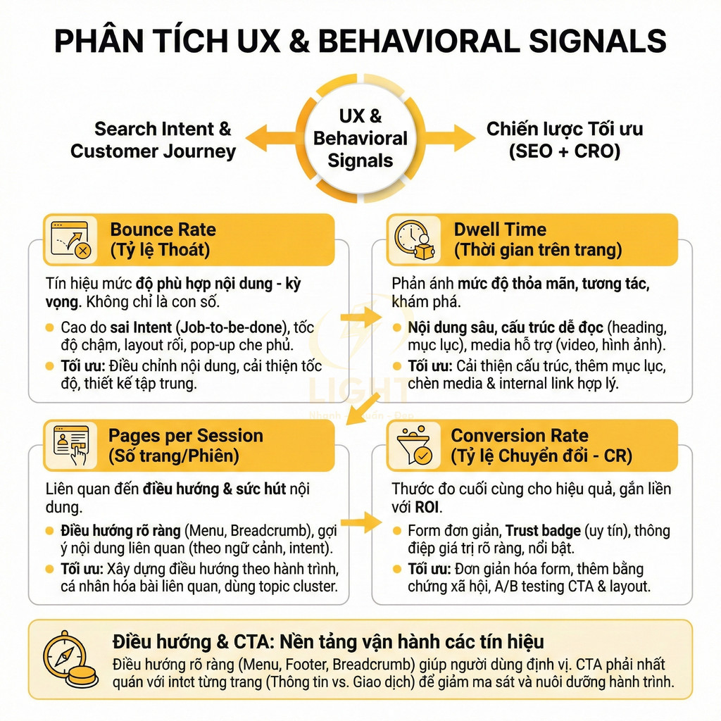 Phân tích UX và behavioral signals trong SEO với bounce rate, dwell time, pages per session, conversion rate và điều hướng CTA