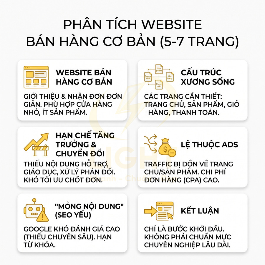 Infographic phân tích ưu nhược điểm website bán hàng cơ bản 5 đến 7 trang và kết luận không phù hợp phát triển lâu dài