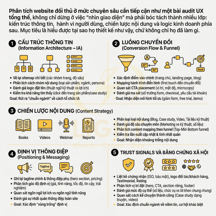 Checklist phân tích website đối thủ với 5 bước về cấu trúc thông tin, luồng chuyển đổi, nội dung, thông điệp và trust signals