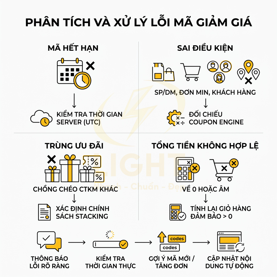 Sơ đồ phân tích và xử lý lỗi mã giảm giá trong hệ thống thương mại điện tử, các bước kiểm tra và khắc phục mã lỗi