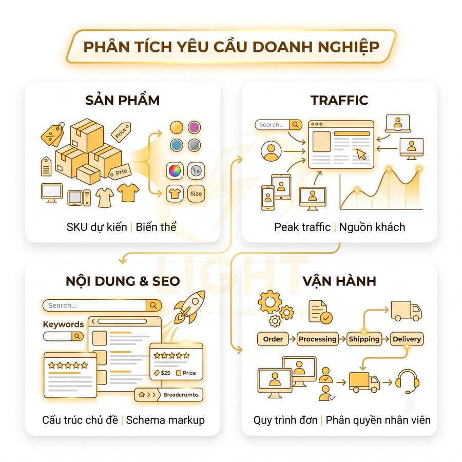Mô hình phân tích yêu cầu doanh nghiệp gồm sản phẩm, traffic, nội dung SEO và vận hành đơn hàng