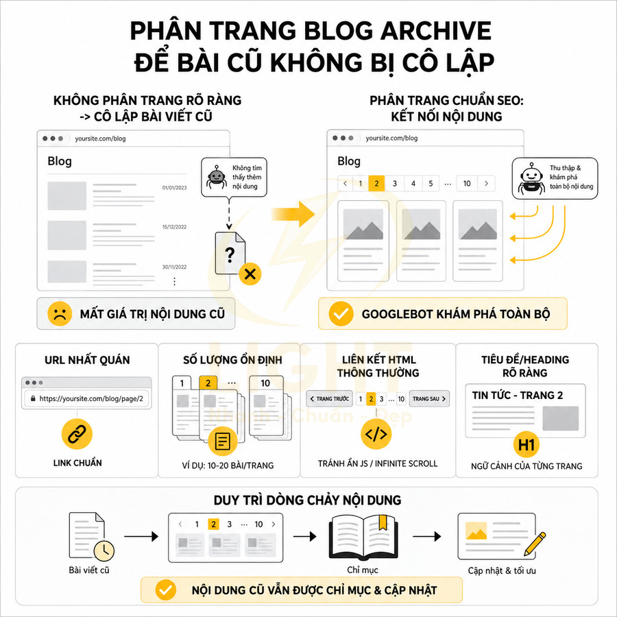 Hướng dẫn phân trang blog archive chuẩn SEO để kết nối nội dung cũ và giúp Googlebot thu thập toàn bộ bài viết