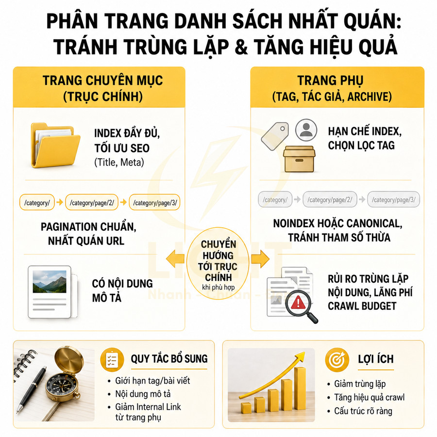 Infographic hướng dẫn phân trang danh sách chuẩn SEO, tránh trùng lặp nội dung và tối ưu crawl budget