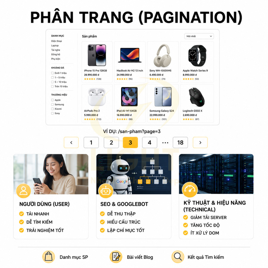 Giao diện phân trang danh sách sản phẩm Apple, Samsung, Sony với ví dụ URL san-pham?page=3