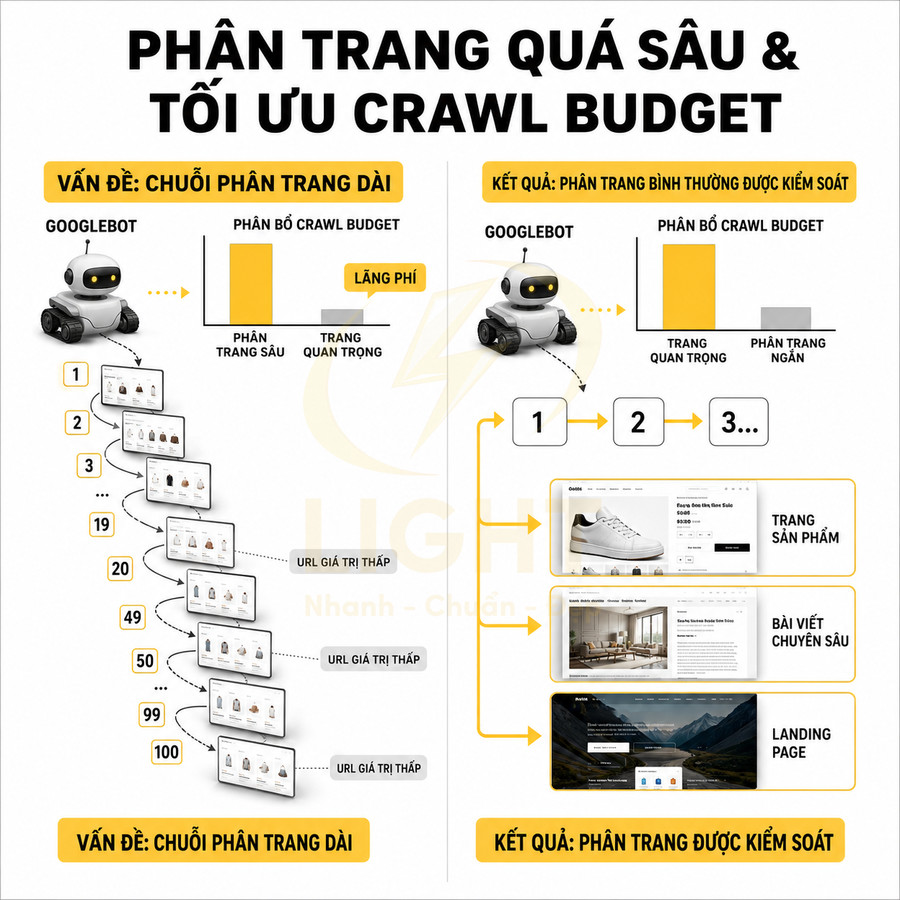 Infographic hướng dẫn tối ưu crawl budget bằng cách rút ngắn chuỗi phân trang dài trên website SEO