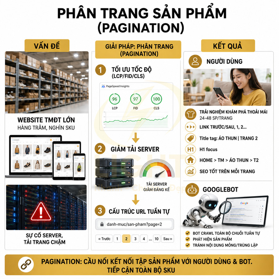 Infographic hướng dẫn phân trang sản phẩm cho website thương mại điện tử để tối ưu tốc độ, server và SEO