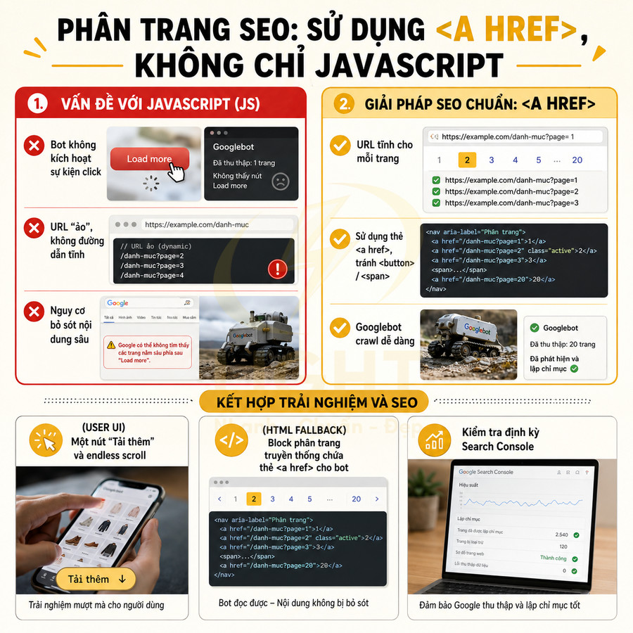 Hướng dẫn phân trang SEO dùng thẻ a href thay cho chỉ JavaScript, kết hợp trải nghiệm người dùng và tối ưu Googlebot
