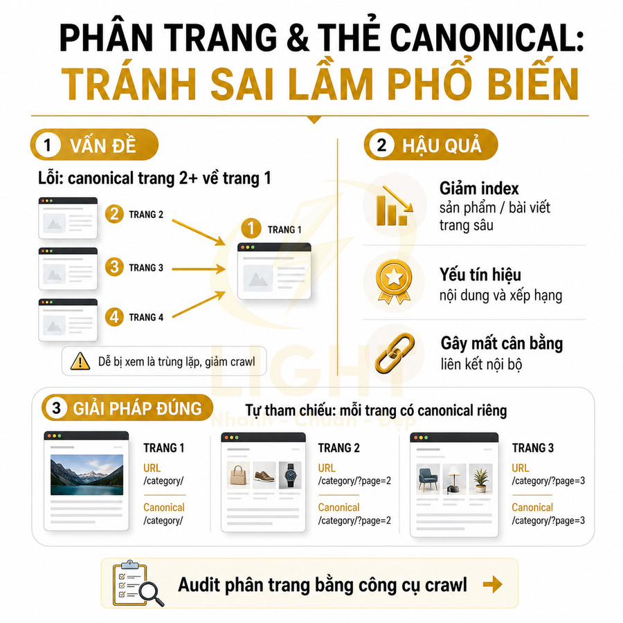 Infographic hướng dẫn xử lý phân trang và thẻ canonical đúng cách để tránh lỗi SEO và giảm trùng lặp nội dung
