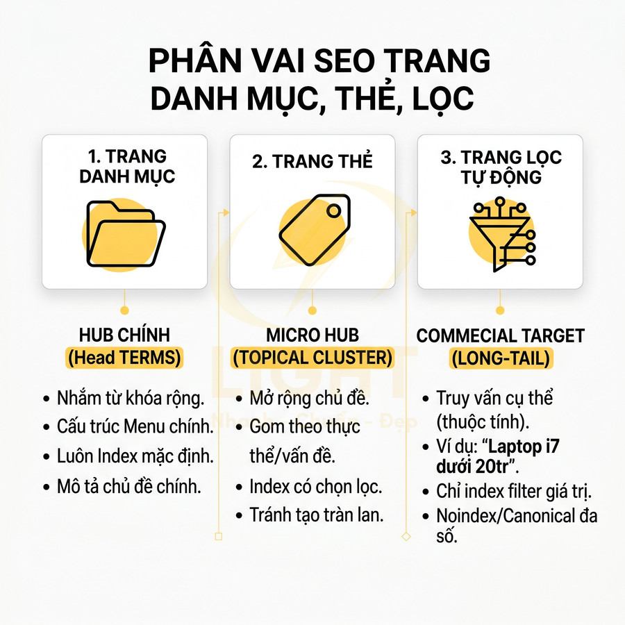 Phân vai SEO cho trang danh mục, trang thẻ và trang lọc tự động với hub chính, micro hub và commercial target