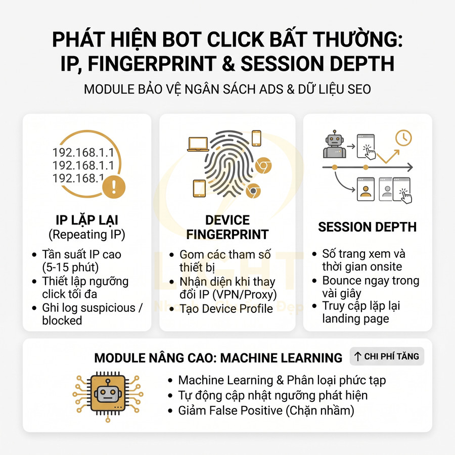 Giải pháp phát hiện bot click bất thường bằng IP lặp lại, device fingerprint, session depth và module machine learning