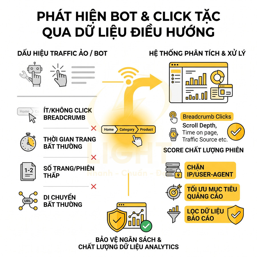Mô tả giải pháp phát hiện bot và click tặc qua dữ liệu điều hướng để bảo vệ ngân sách quảng cáo và dữ liệu analytics