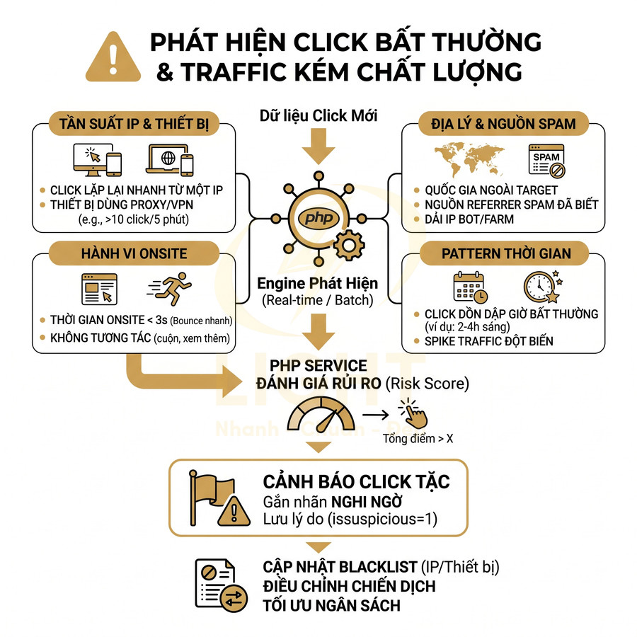 Sơ đồ quy trình hệ thống PHP phát hiện click bất thường và traffic kém chất lượng trong quảng cáo online