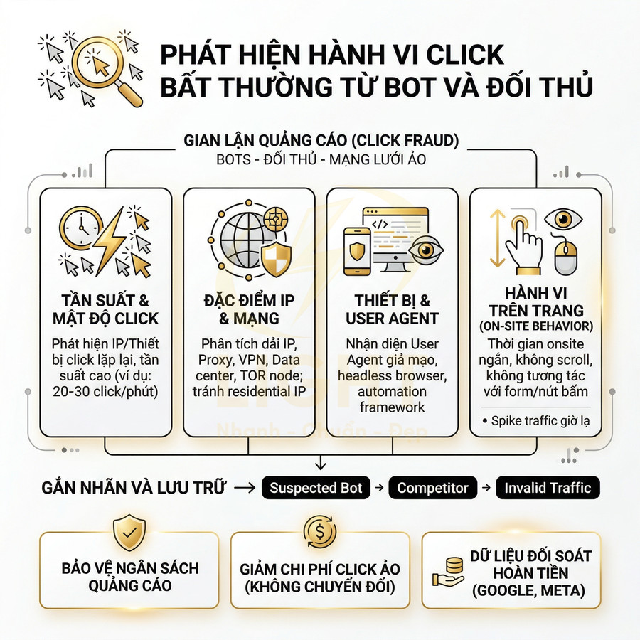 Infographic phát hiện click ảo từ bot và đối thủ, phân tích IP, thiết bị, hành vi để bảo vệ ngân sách quảng cáo