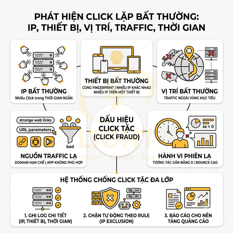 Mô tả hệ thống chống click tặc quảng cáo với các dấu hiệu IP, thiết bị, vị trí và hành vi bất thường