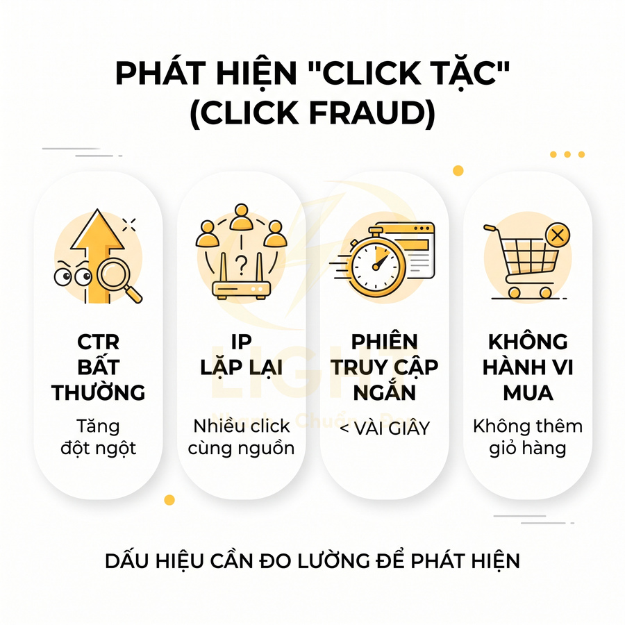 Infographic dấu hiệu nhận biết click tặc trong quảng cáo online như CTR bất thường, IP lặp lại, phiên truy cập ngắn