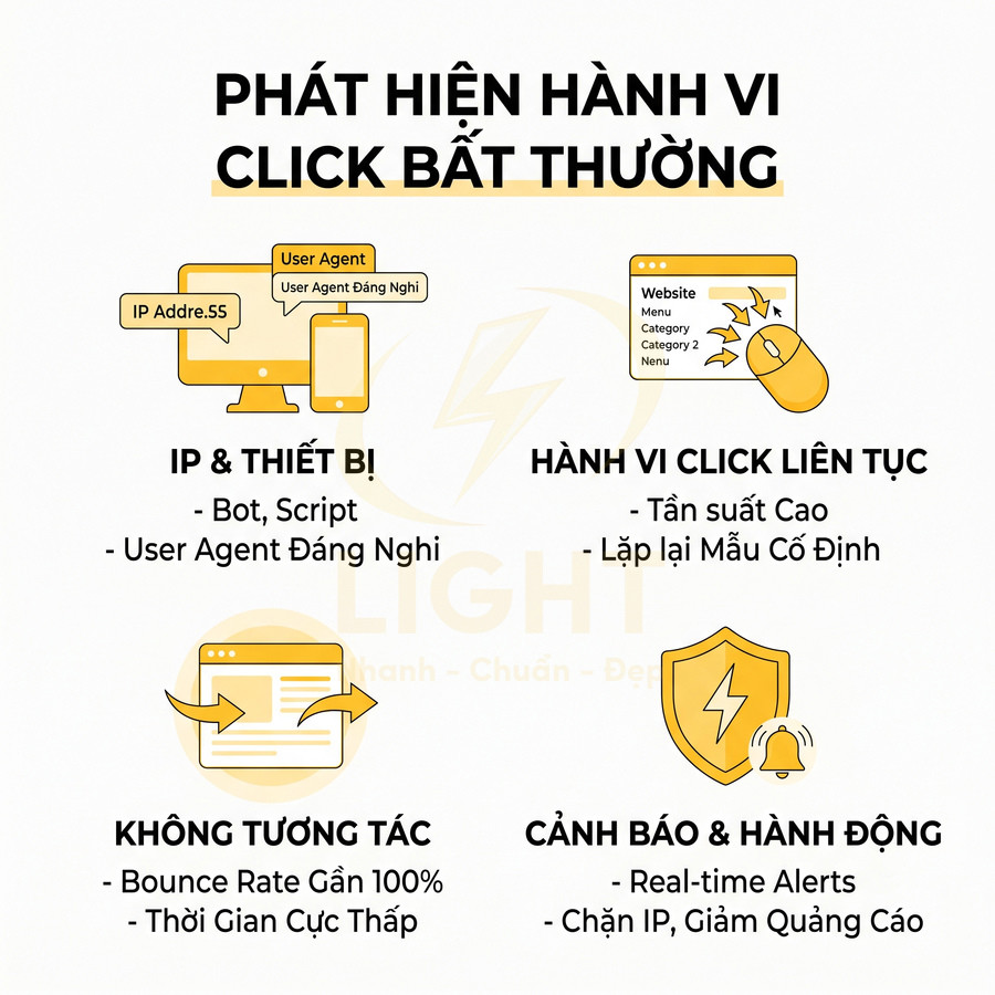 Mô tả giải pháp phát hiện hành vi click quảng cáo bất thường với IP thiết bị, tần suất click, không tương tác và cảnh báo realtime