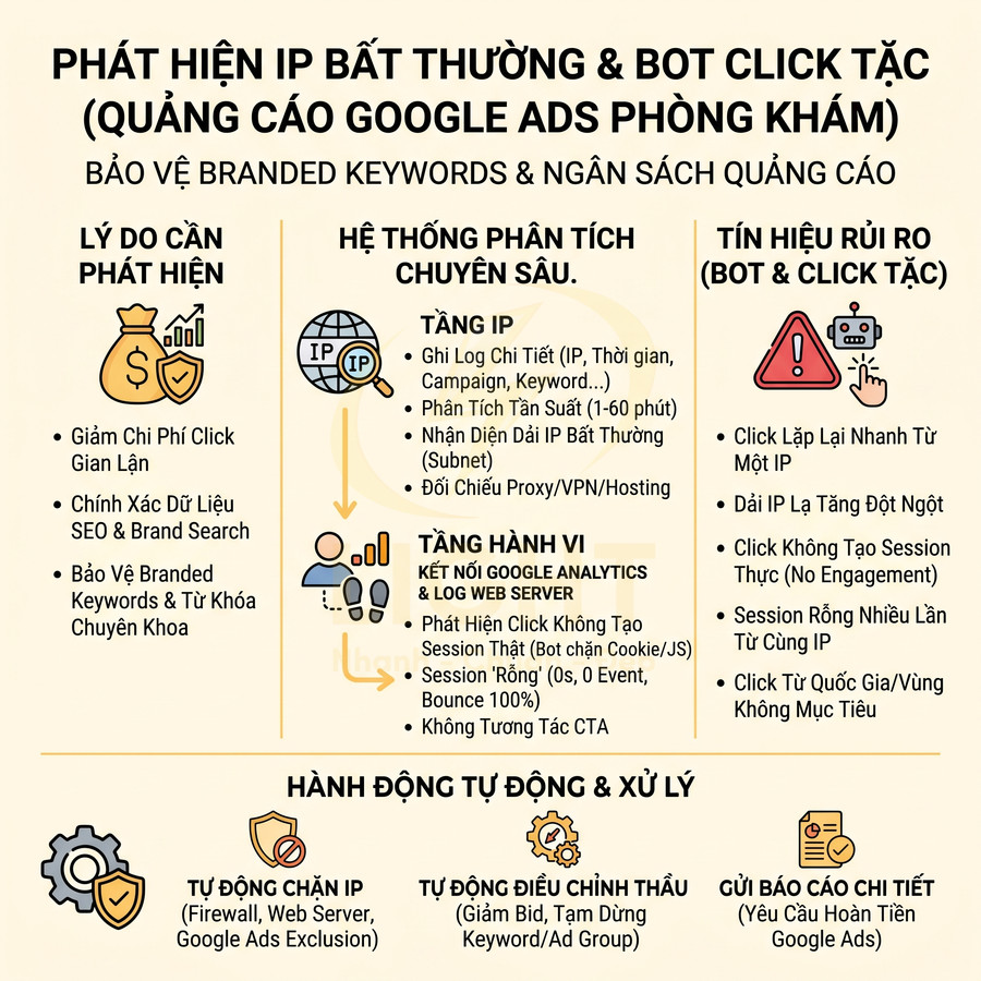 Infographic giải pháp phát hiện IP bất thường và bot click tặc bảo vệ quảng cáo Google Ads cho phòng khám