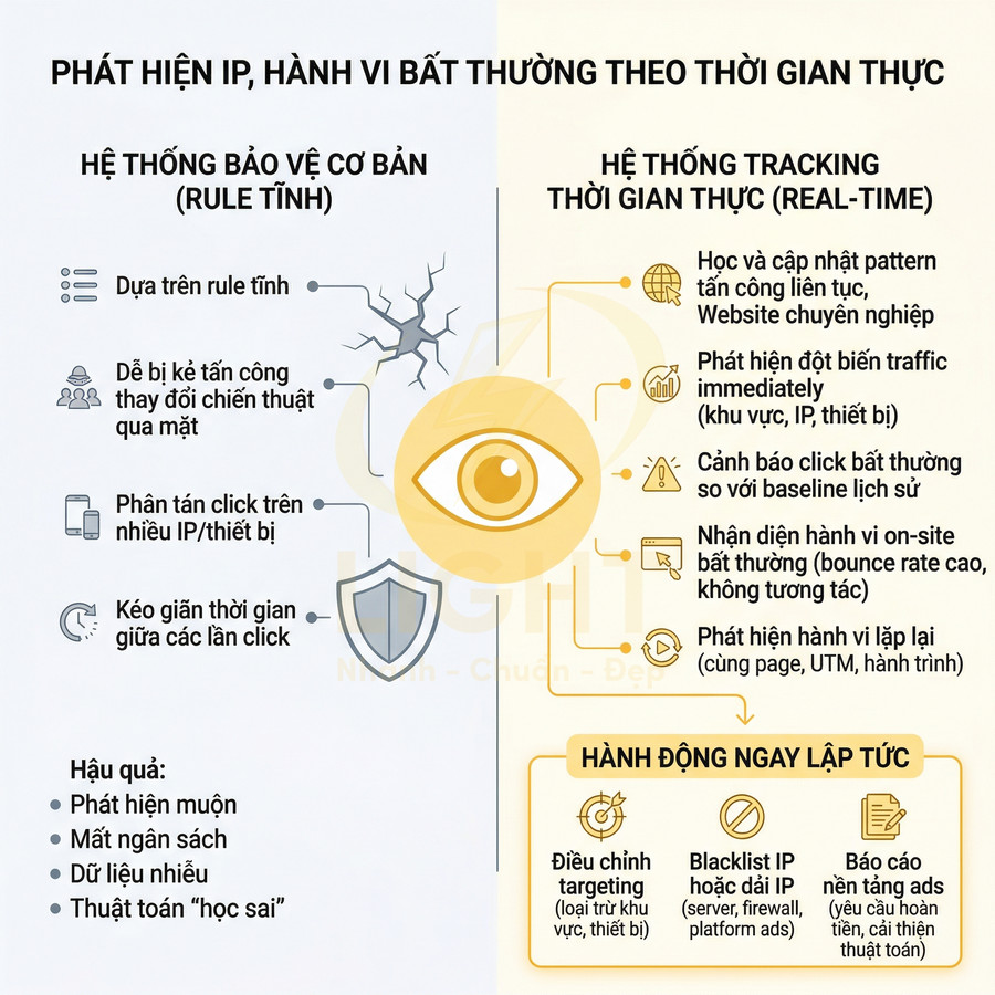 So sánh hệ thống bảo vệ cơ bản và tracking thời gian thực phát hiện IP, hành vi bất thường trong quảng cáo online