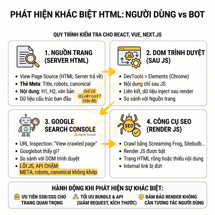 Quy trình kiểm tra khác biệt HTML người dùng và bot cho React Vue NextJS trong SEO kỹ thuật