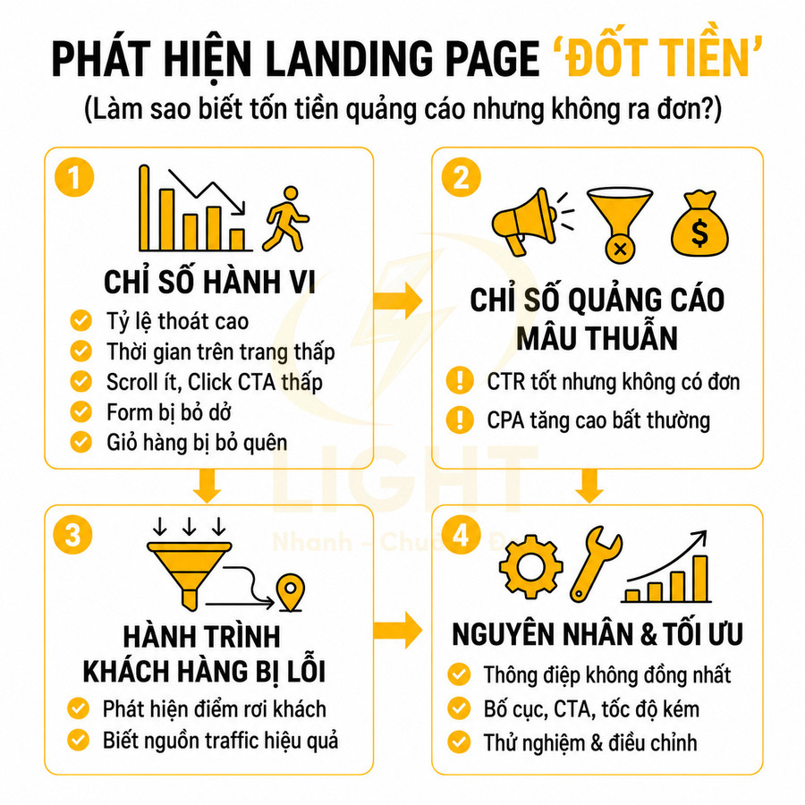 Infographic phát hiện landing page đốt tiền với 4 bước phân tích chỉ số hành vi, quảng cáo, hành trình khách hàng và tối ưu
