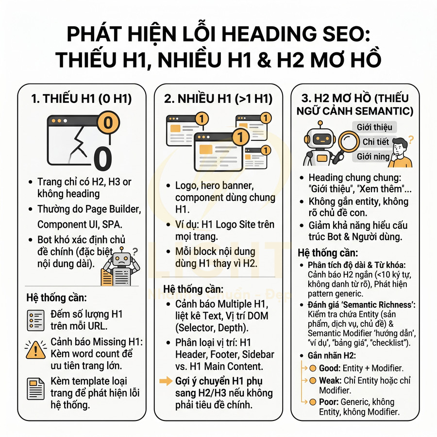 Infographic hướng dẫn phát hiện và khắc phục lỗi heading SEO thiếu H1, nhiều H1 và H2 mơ hồ