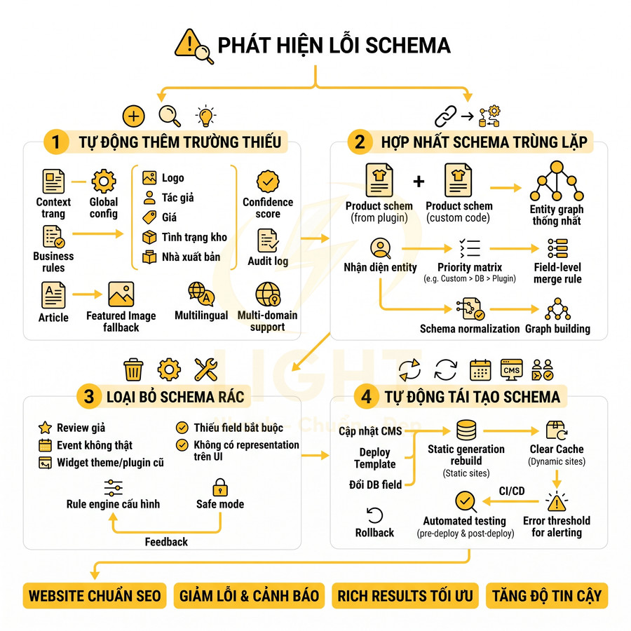 Sơ đồ quy trình phát hiện và xử lý lỗi schema tự động giúp tối ưu SEO và rich results cho website