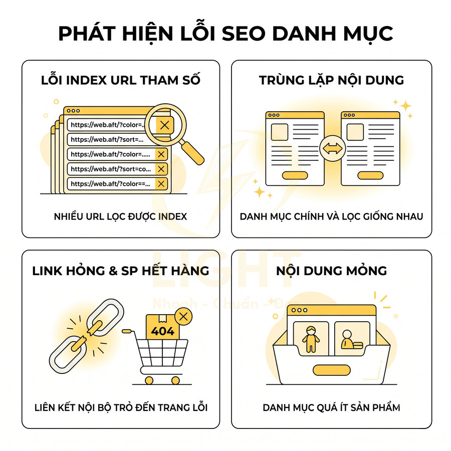 Minh họa các lỗi SEO danh mục: index URL tham số, trùng lặp nội dung, link hỏng sản phẩm hết hàng, nội dung mỏng