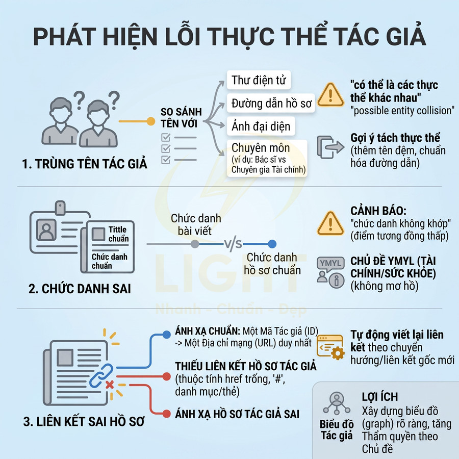 Hướng dẫn phát hiện lỗi thực thể tác giả gồm trùng tên, chức danh sai và liên kết sai hồ sơ