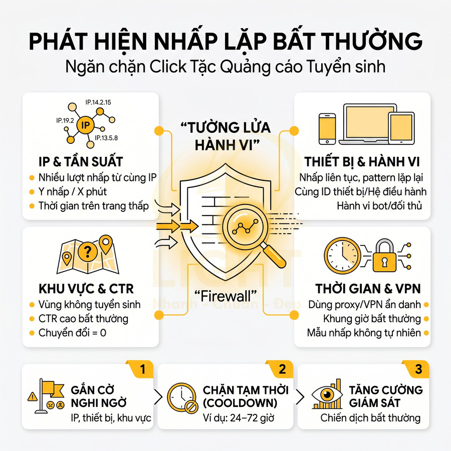 Infographic phát hiện nhấp lặp bất thường, tường lửa hành vi chặn click tặc quảng cáo tuyển sinh
