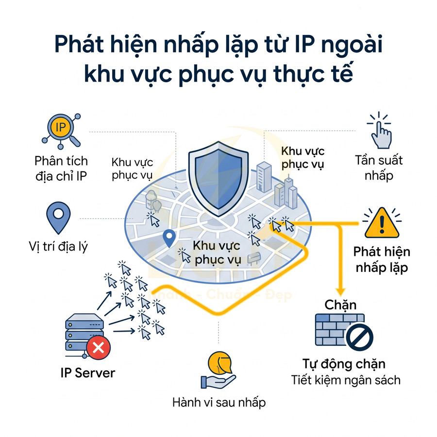 Giải pháp phát hiện và chặn nhấp chuột lặp từ IP ngoài khu vực phục vụ để tối ưu ngân sách quảng cáo