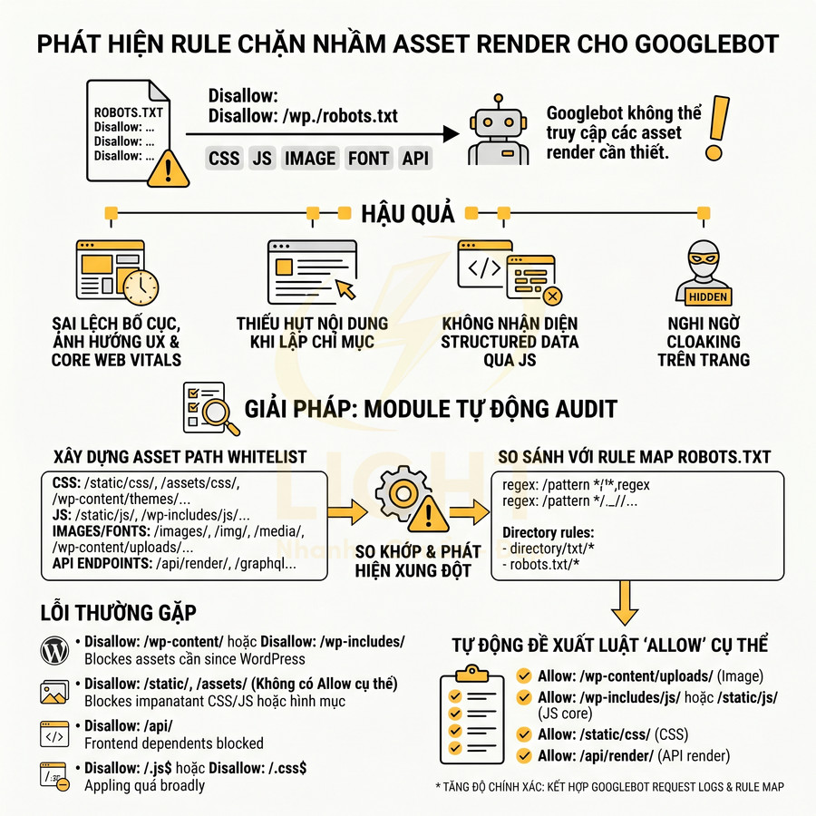 Sơ đồ hướng dẫn phát hiện rule chặn nhầm asset render cho Googlebot và giải pháp module tự động audit SEO
