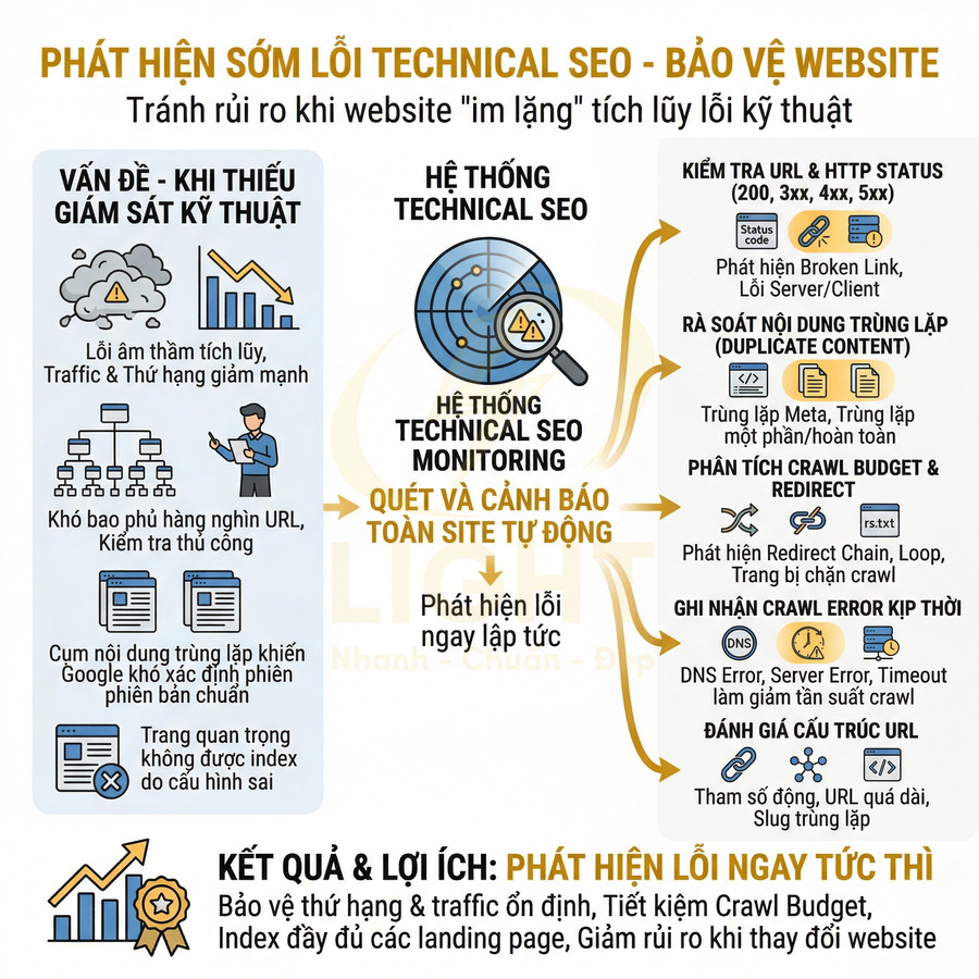 Infographic quy trình phát hiện sớm lỗi technical SEO để bảo vệ website và tối ưu thứ hạng tìm kiếm